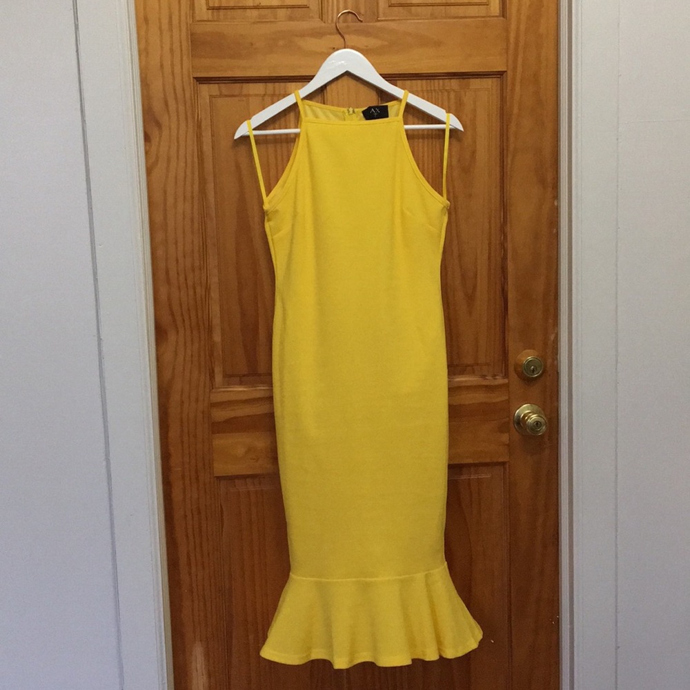 Yellow Bodycon Midi Dress With Frill Hem